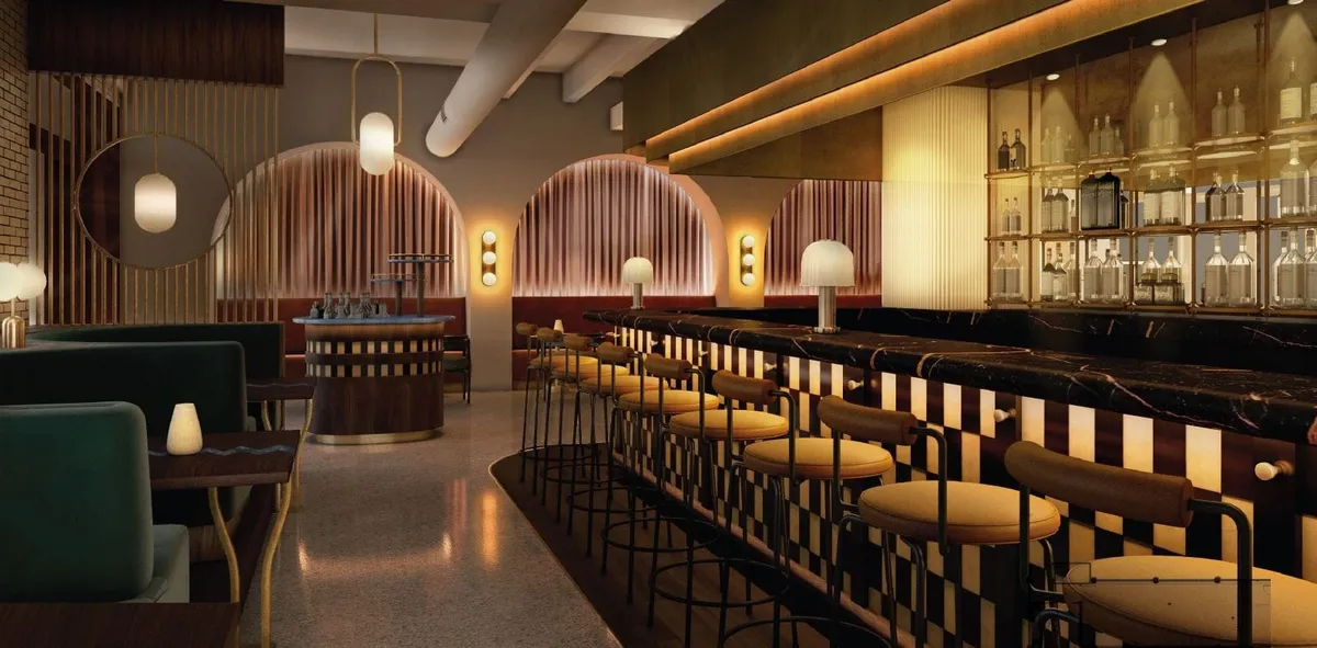 Bar looking at banquette niches, Bottleworks, Indianapolis