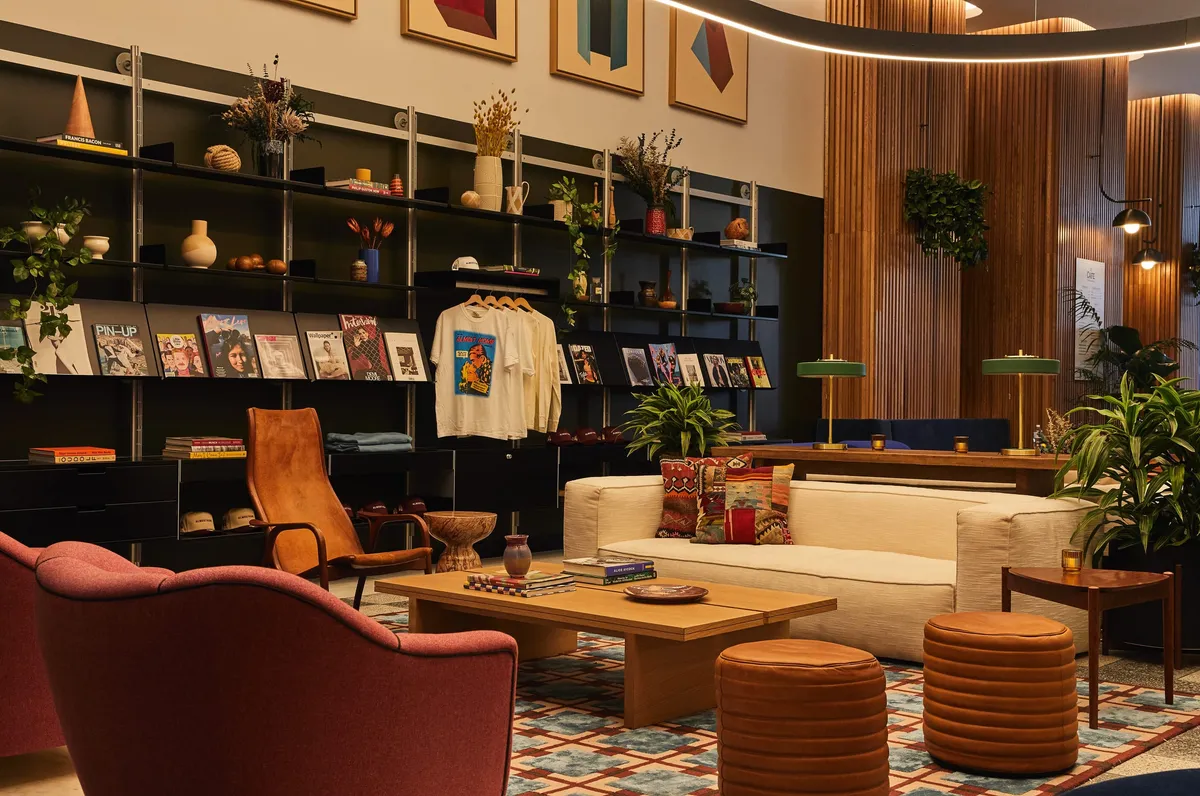 Lobby Cafe, periodical wall at Journal Squared Tower 3, Jersey City